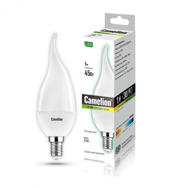купить Лампа светодиодная LED5-CW35/830/E14 5Вт свеча на ветру 3000К тепл. бел. E14 390лм 220-240В Camelion 12033