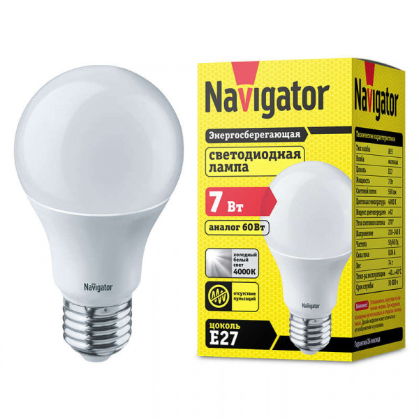 купить Лампа светодиодная 94 386 NLL-A55-7-230-4K-E27 7Вт грушевидная 4000К белый E27 560лм 170-260В Navigator 94386
