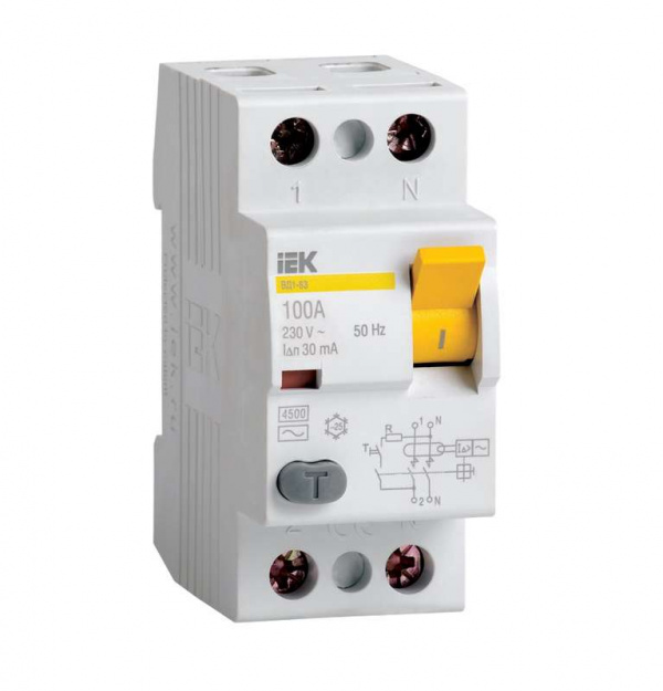 купить Выключатель дифференциального тока (УЗО) 2п 63А 100мА тип AC ВД1-63 ИЭК MDV10-2-063-100