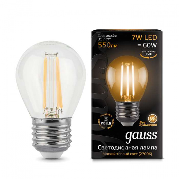 купить Лампа светодиодная Filament Шар E27 7Вт 2700К GAUSS 105802107