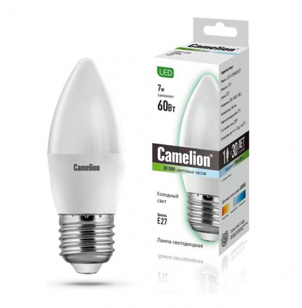купить Лампа светодиодная LED7-C35/845/E27 7Вт свеча 4500К белый E27 560лм 220В Camelion 12078