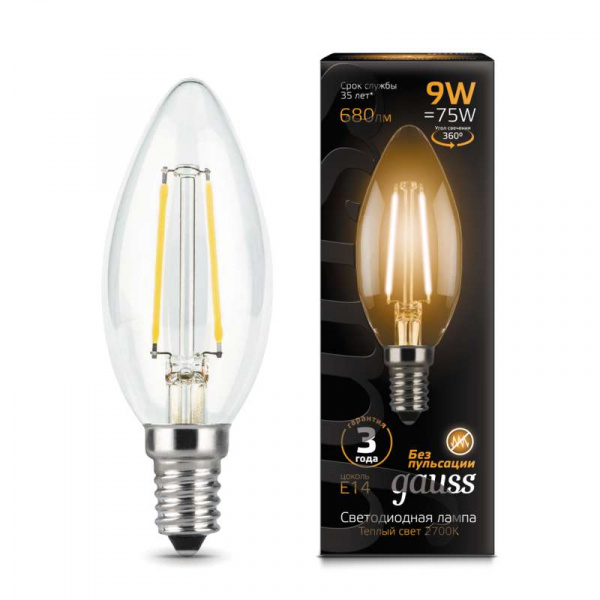 купить Лампа светодиодная Filament Свеча E14 9Вт 2700К GAUSS 103801109