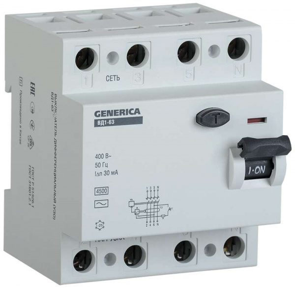 купить Выключатель дифференциального тока (УЗО) 4п 16А 30мА тип AC ВД1-63 GENERICA ИЭК MDV15-4-016-030