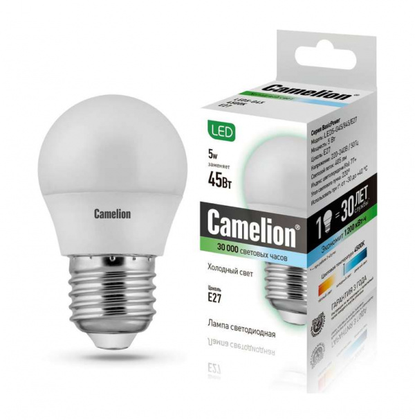 купить Лампа светодиодная LED5-G45/845/E27 5Вт шар 4500К белый E27 405лм 220-240В Camelion 12030