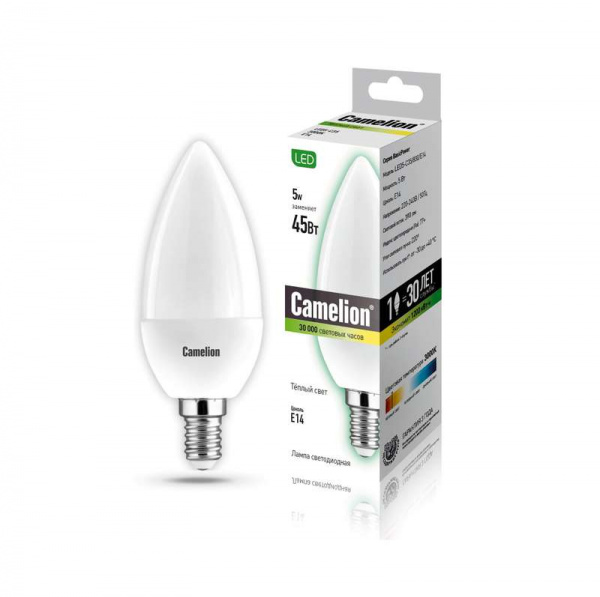 купить Лампа светодиодная LED5-C35/830/E14 5Вт свеча 3000К тепл. бел. E14 390лм 220-240В Camelion 12031
