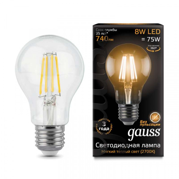 купить Лампа светодиодная Filament A60 E27 8Вт 2700К GAUSS 102802108