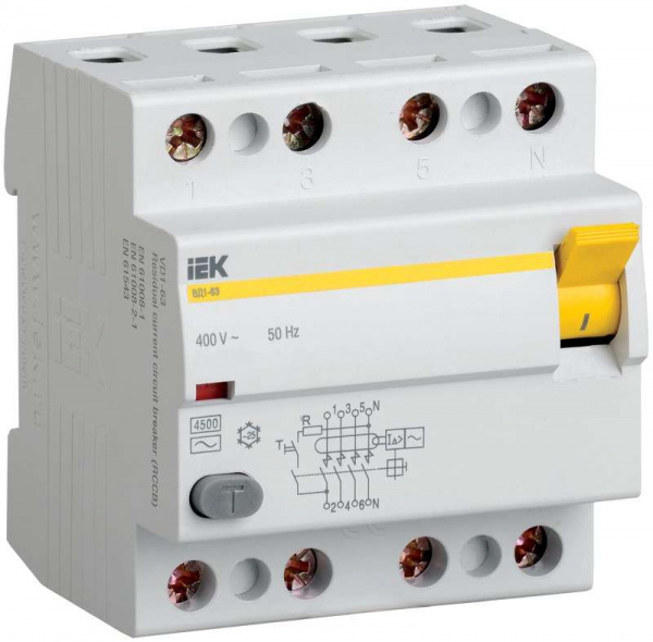 купить Выключатель дифференциального тока (УЗО) 4п 25А 300мА тип AC ВД1-63 ИЭК MDV10-4-025-300