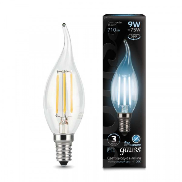купить Лампа светодиодная Filament Свеча на ветру E14 9Вт 4100К GAUSS 104801209