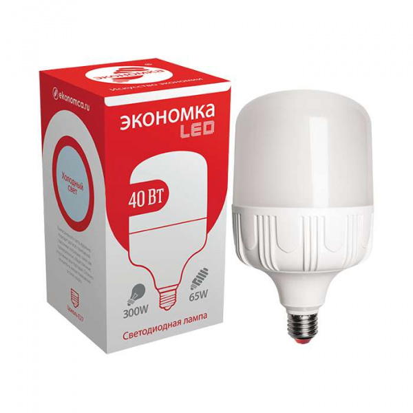 купить Лампа светодиодная высокомощная LED 40Вт цилиндр 6500К холод. бел. E27 176-240В (переходник на Е40 в комплекте) ЭКОНОМКА Eco40wHWLEDE2765