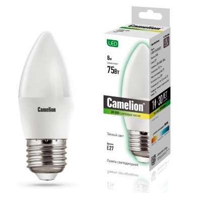 купить Лампа светодиодная LED8-C35/830/E27 8Вт свеча 3000К тепл. бел. E27 720лм 170-265В Camelion 12389