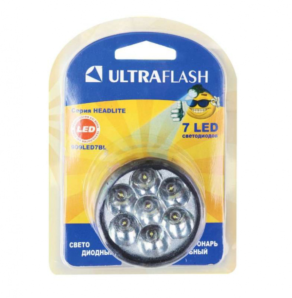 купить Фонарь налобный 909LED7BL (7LED 1 режим 3хR6 блистер; черн.) Ultraflash 12096