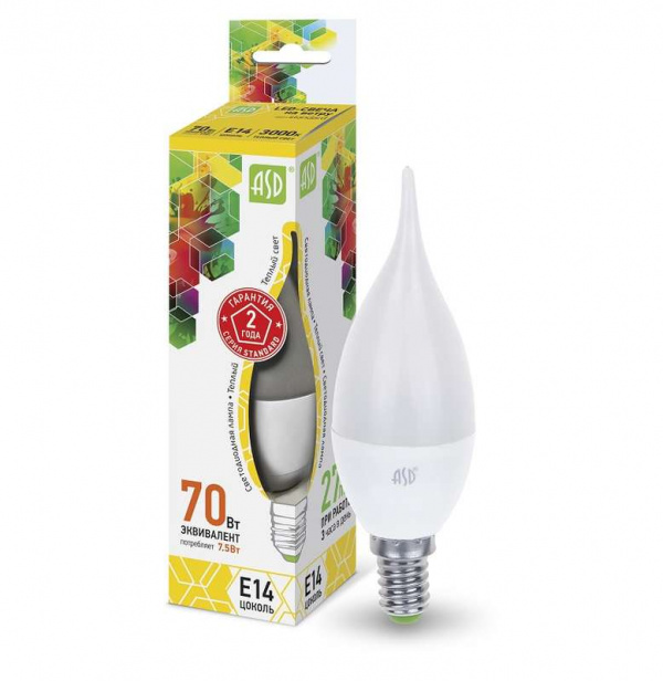 купить Лампа светодиодная LED-свеча на ветру-standard 7.5Вт свеча на ветру 3000К тепл. бел. E14 675лм 160-260В ASD 4690612004556