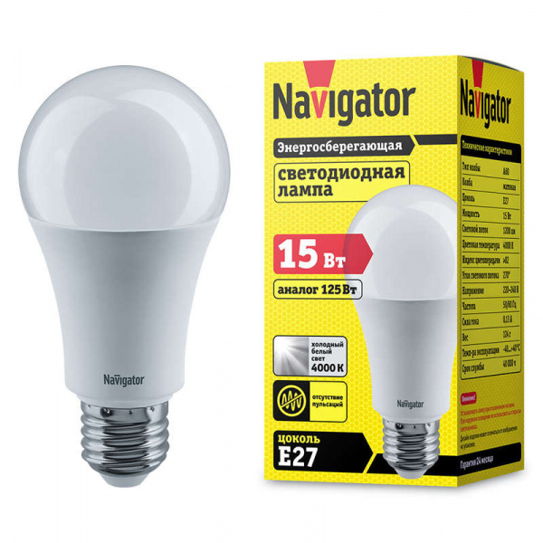 купить Лампа светодиодная 71 365 NLL-A60-15-230-4K-E27 15Вт грушевидная 4000К белый E27 1200лм 176-264В Navigator 71365