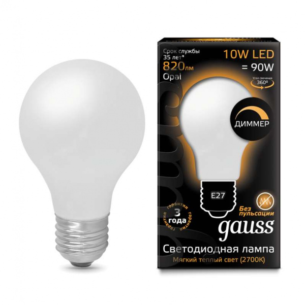 купить Лампа светодиодная Filament A60 E27 10Вт 2700К OPAL диммируемая Gauss 102202110-D