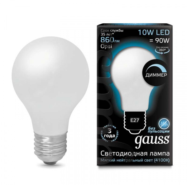 купить Лампа светодиодная Filament A60 E27 10Вт 4100К OPAL диммируемая Gauss 102202210-D