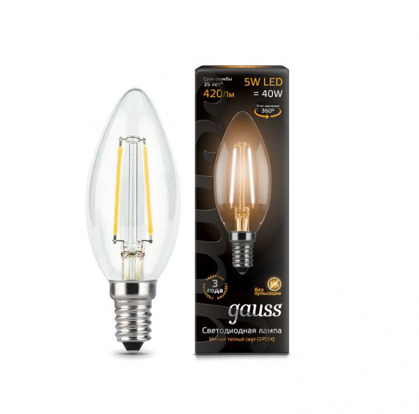 купить Лампа светодиодная Filament Свеча E14 5Вт 2700К GAUSS 103801105