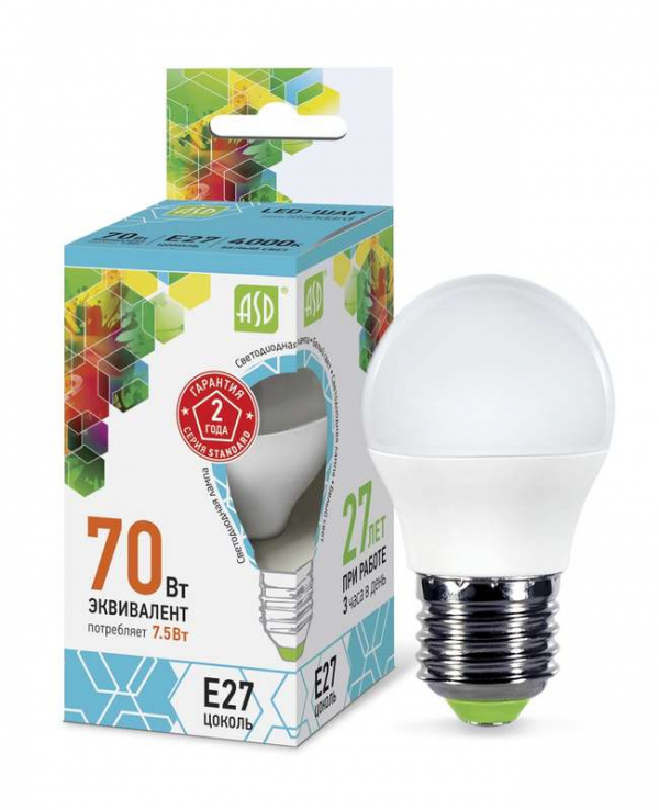купить Лампа светодиодная LED-шар-standard 7.5Вт шар 4000К белый E27 675лм 160-260В ASD 4690612003993