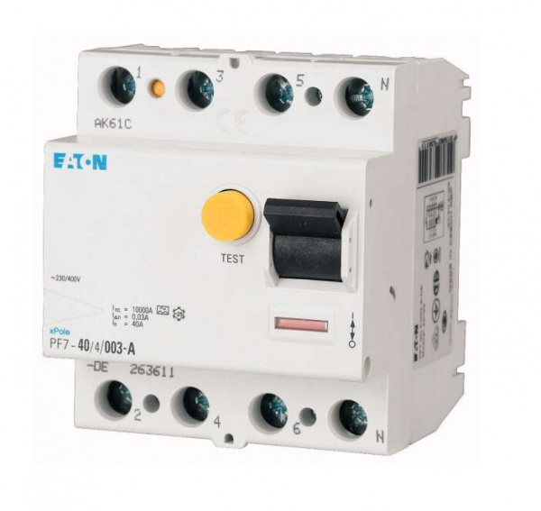 купить Выключатель дифференциального тока (УЗО) 4п 80А 100мА тип AC 10кА PF7 4мод. EATON 263596