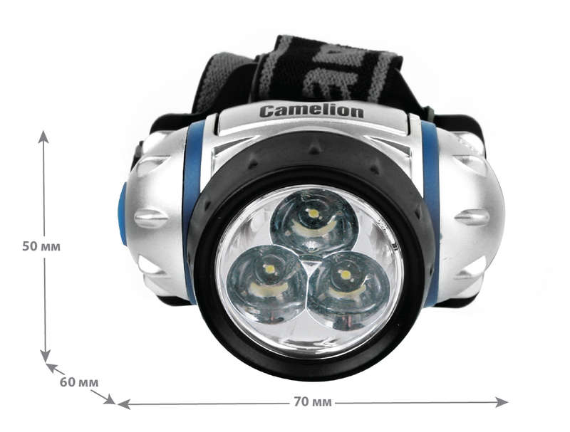 купить Фонарь налобный LED 5321-3Mx (3 ультра ярких LED 2 режима; 3хR03 в комплекте; метал.) Camelion 7971