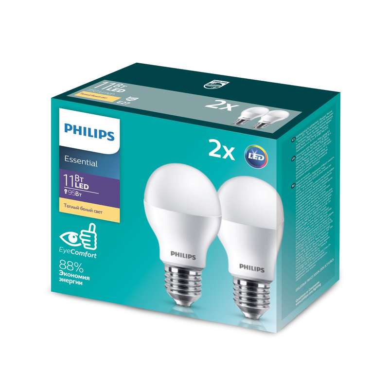 купить Лампа светодиодная ESS LEDBulb 11Вт E27 3000К 230В 2CT/6 RCA (уп.2шт) Philips 929001900227 / 871869682216600