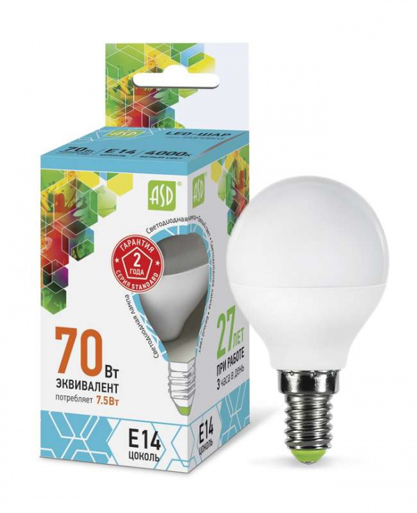 купить Лампа светодиодная LED-шар-standard 7.5Вт шар 4000К белый E14 675лм 160-260В ASD 4690612003979