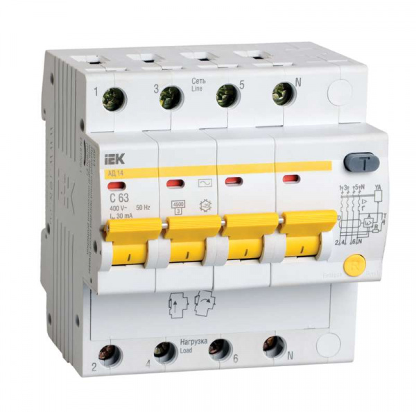 купить Выключатель автоматический дифференциального тока 4п C 63А 100мА тип AC 4.5кА АД-14 ИЭК MAD10-4-063-C-100