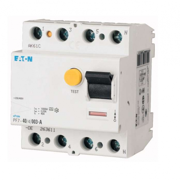 купить Выключатель дифференциального тока (УЗО) 4п 25А 100мА тип AC 10кА PF7 4мод. EATON 263585
