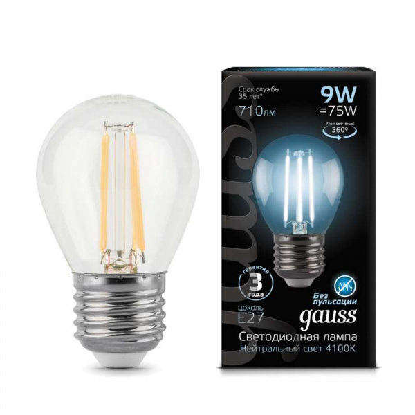 купить Лампа светодиодная Filament Шар E27 9Вт 4100К GAUSS 105802209