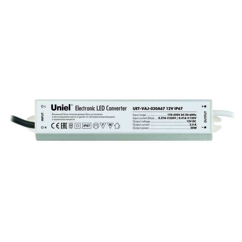 купить Блок питания UET-VAJ-030A67 для светодиодов с защ. от короткого замыкания и перегрузок 30Вт 12В IP67 алюм. Uniel 10587