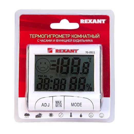купить Термогигрометр комнатный с часами и функцией будильника (блист.) Rexant 70-0511