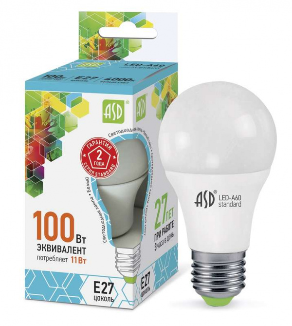купить Лампа светодиодная LED-A60-standard 11Вт грушевидная 4000К белый E27 990лм 160-260В ASD 4690612001715