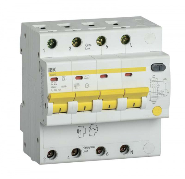 купить Выключатель автоматический дифференциального тока селективный 4п 20А 100мА тип AC АД14S ИЭК MAD13-4-020-C-100