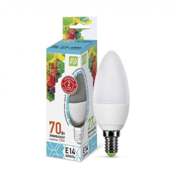 купить Лампа светодиодная LED-свеча-standard 7.5Вт свеча 4000К белый E14 675лм 160-260В ASD 4690612003931