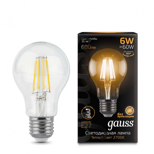 купить Лампа светодиодная Filament А60 E27 6Вт 2700К GAUSS 102802106