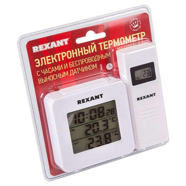 купить Термометр электронный с часами и беспроводным выносным датчиком (блист.) Rexant 70-0592