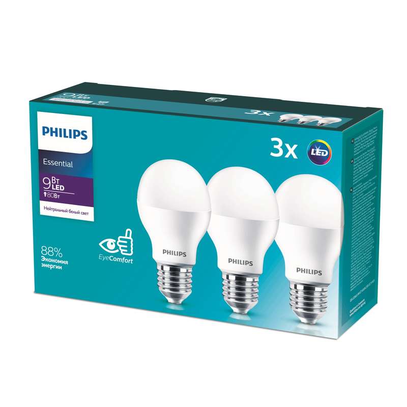 купить Лампа светодиодная ESS LEDBulb 9Вт E27 4000К 230В 3CT/4 RCA (уп.3шт) Philips 929001962847 / 871869961622900