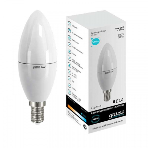 купить Лампа светодиодная Elementary 6Вт свеча 4100К белый E14 450лм 180-240В GAUSS 33126
