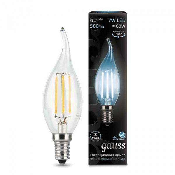 купить Лампа светодиодная Filament Свеча на ветру E14 7Вт 4100К GAUSS 104801207