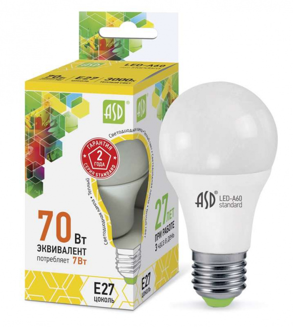 купить Лампа светодиодная LED-A60-standard 7Вт грушевидная 3000К тепл. бел. E27 630лм 160-260В ASD 4690612001692