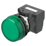 M22N-BC-TGA-GB-P Omron Indicator (Cylindrical 22-dia.), Cylindrical type (22/25 mm dia.), Resin flat sculpture type, Lighted, LED, Green, 12 VAC/VDC, Push-In Plus Terminal Block, IP66